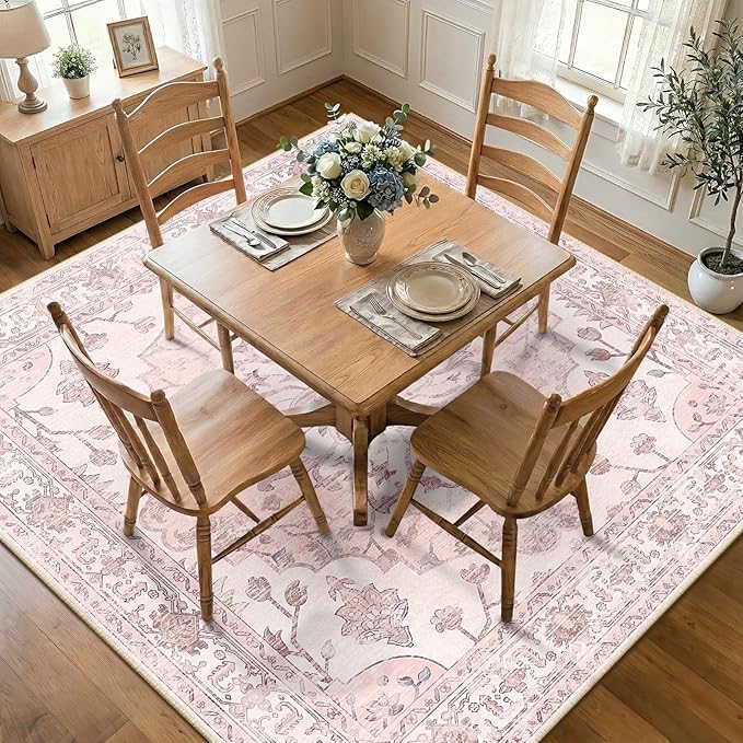 RELEANY Area Rugs Square 7ft Washable Non-Slip, Floral Vintage Distress by RELEANY