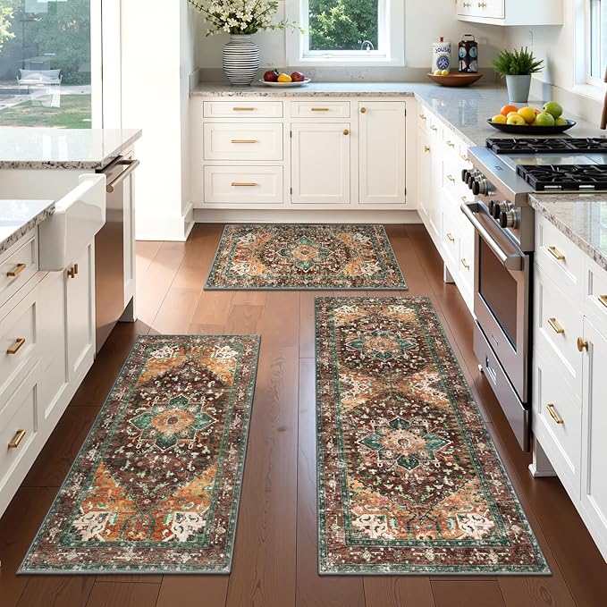 Yamaziot Washable Kitchen Runner Rug Set of 3, Non-Slip Boho Vintage Hallway by Yamaziot