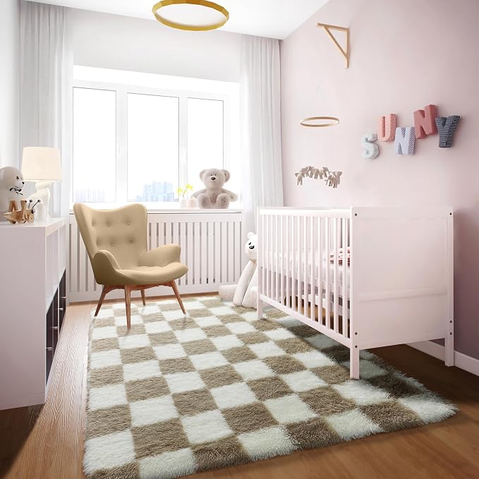 KICMOR 3x5 Rugs for Bedroom Bedside, Soft Fluffy Checkered Shag Area Rug Small - Image 5
