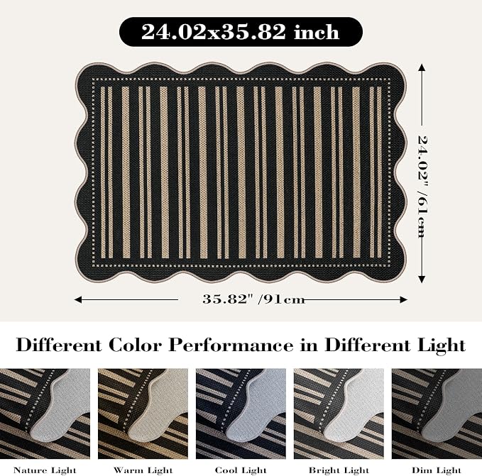 Striped Easy Jute Entryway Rug, 2x3 Black Indoor Outdoor Doormat, Washable - Image 2