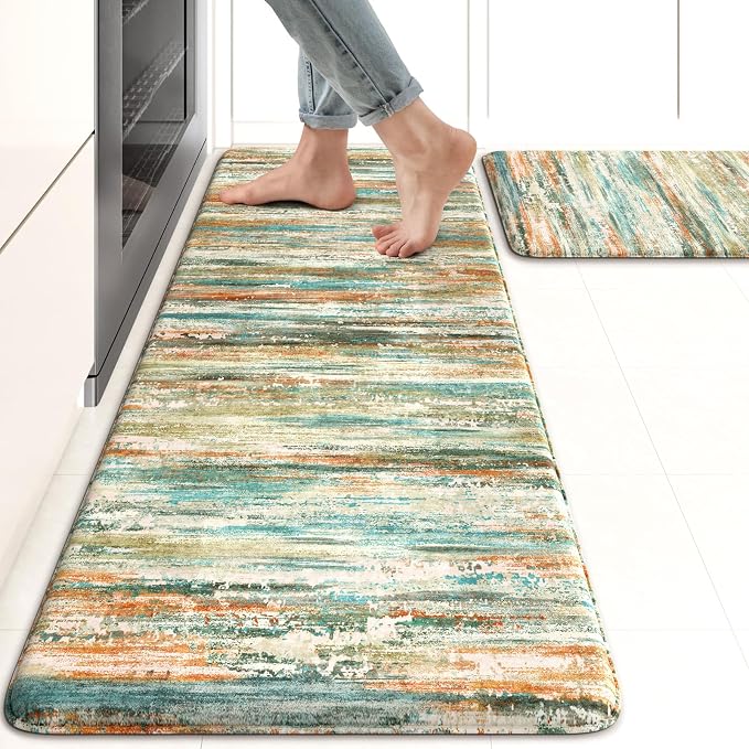 KIMODE Kitchen Mats Cushioned Anti Fatigue 17"x47"+17"x29", Abstract Farmhouse by StayinComfortCookwithJoy