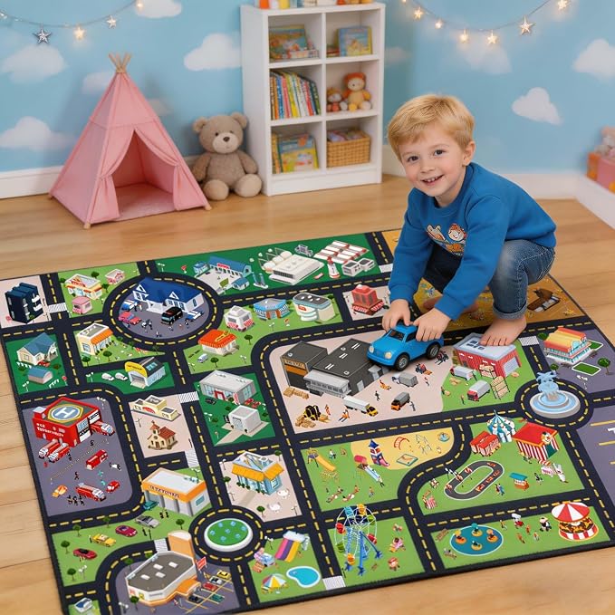 Kids Rug Playroom Car Play Mat City Life Road Rug - Image 8