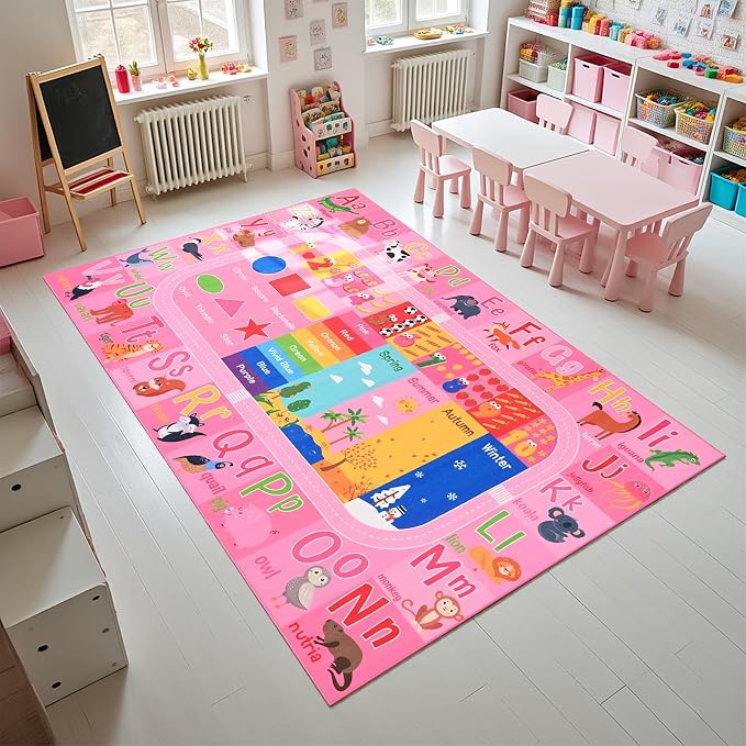 Pink Kids Rug for Playroom Classroom, ABC Alphabet Numbers Play Toddlers Rugs - Image 3
