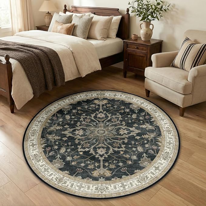 RELEANY Area Rugs Round 4ft Washable Non-Slip, Floral Vintage Distress by RELEANY
