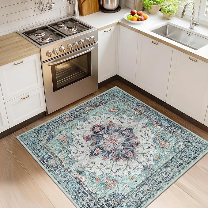 RELEANY Area Rugs Square 4ft Washable Non-Slip, Floral Vintage Distress by RELEANY