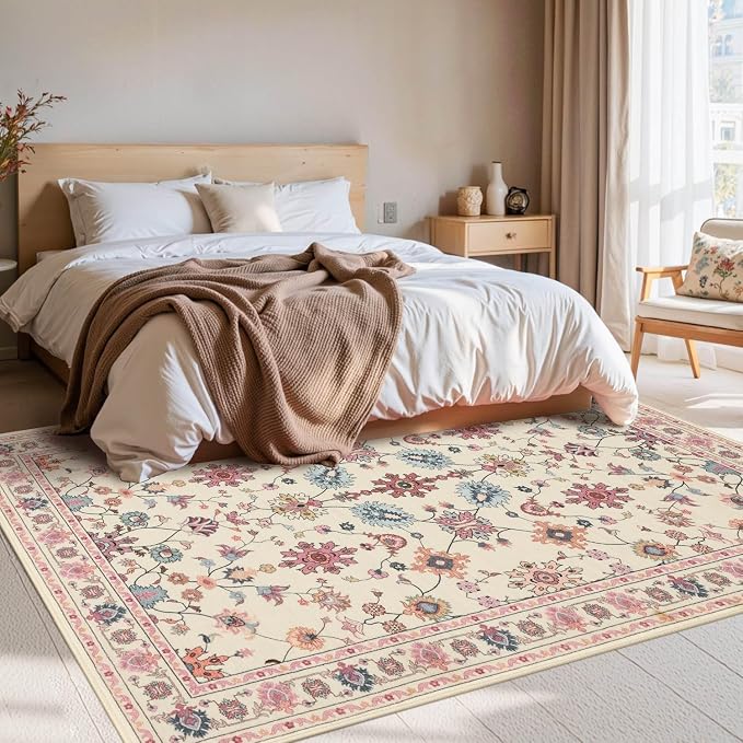 Rugxara Pink Rug for Living Room Bedroom, Floral 4x6 Washable Rug, Vintage Boho - Image 3