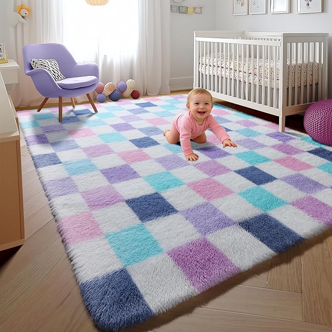 KICMOR Purple Rainbow Checkered 5x7 Area Rugs - Image 5