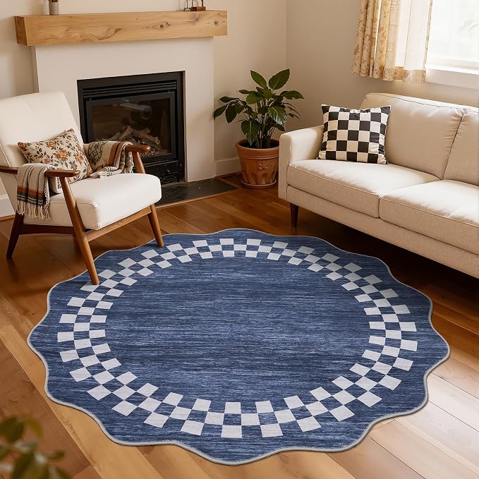 6ft Washable Round Rug for Entryway Modern Checkered Bedroom Circle Rug Non by GarveeHome
