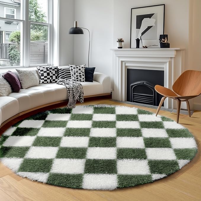 KICMOR Round Rug 4ft Olive Green and White Circle Area Rug, Fluffy Soft Fuzzy - Image 3