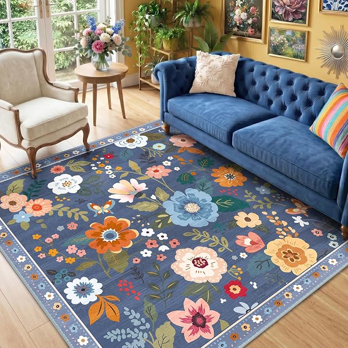RELEANY Floral Square 6ft Area Rugs Washable Print Boho Cute Carpet Non Slip by RELEANY