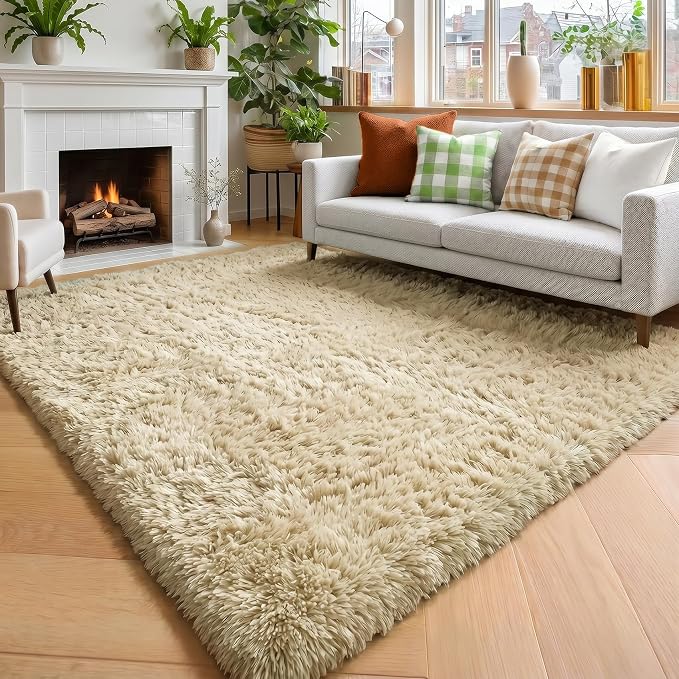 Amdrebio Beige Area Rugs for Bedroom Kids Room, 5x7 Fluffy Plush Shag Furry by Amdrebio