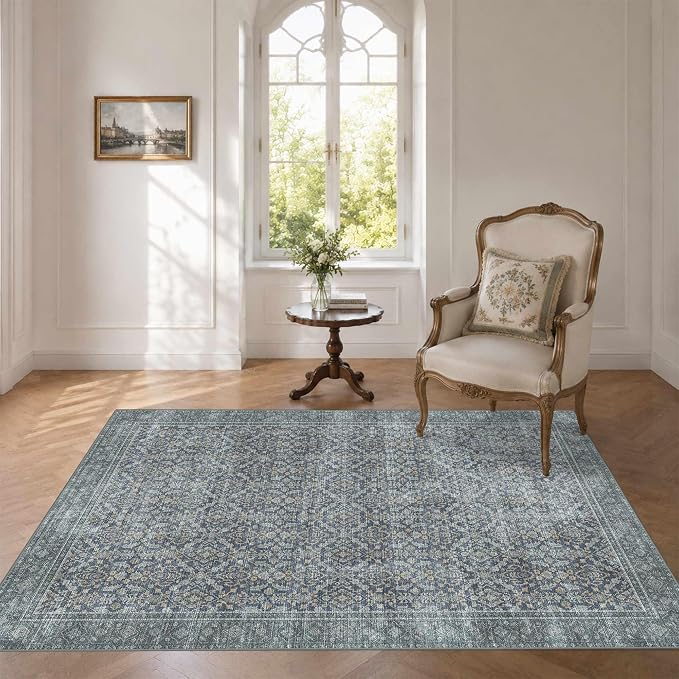 Latte&Fog 3x5 Entryway Rug, Vintage Blue Washable Area Rug, Boho Non Slip Low by LatteFog