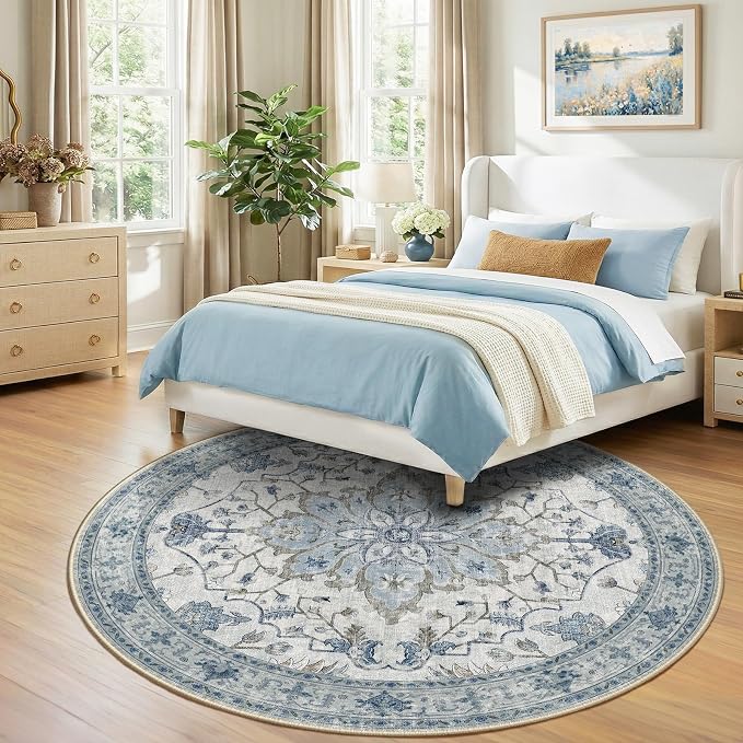 RELEANY Area Rugs Round 8ft Washable Non-Slip, Floral Vintage Distress - Image 3