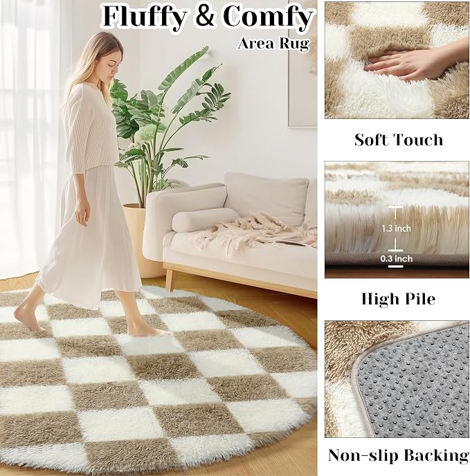 KICMOR Round Rugs for Bedroom, 4ft Fluffy Soft Circle Area Rug Beige and Cream - Image 2