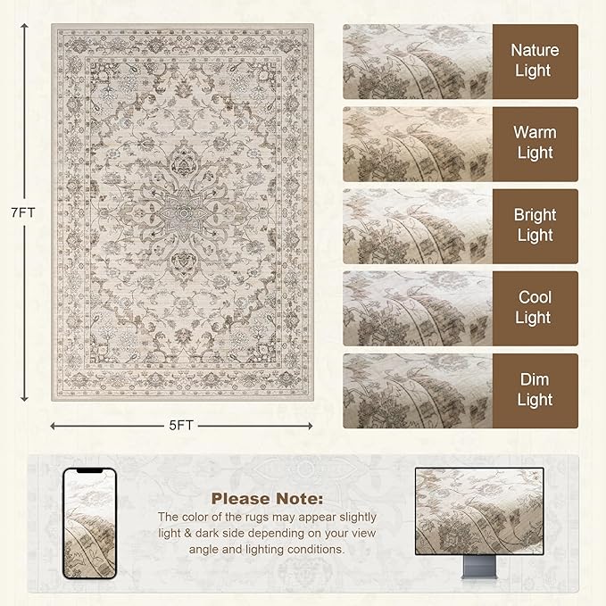 5x7 Area Rugs Living Room Rug: Washable Vintage Distressed Floral Rug No Slip - Image 2