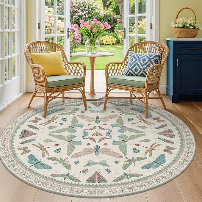Hazo Haus Green and Blue Insect 6ft Round Soft Rugs by HazoHaus