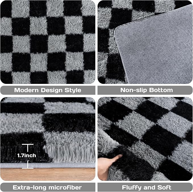 Checkered 8x10 Area Rugs for Living Room, Ultra Soft Fluffy Large Shaggy Rug - Image 4