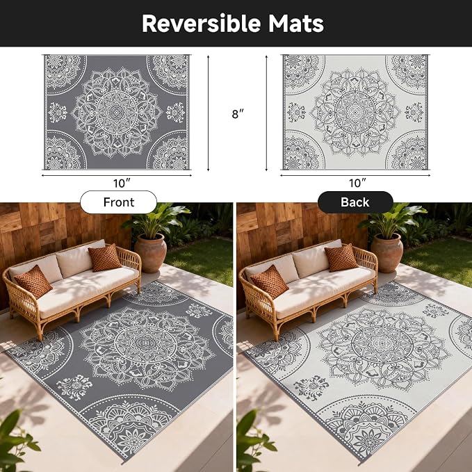 Pauwer Waterproof Outdoor Rug 8x10, Reversible Plastic Straw Patio Camping Rug - Image 2