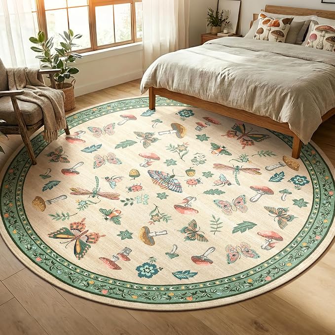Mushroom Insect 8ft Round Rug Washable Non-Slip Soft Ultra-Thin Large Boho - Image 2