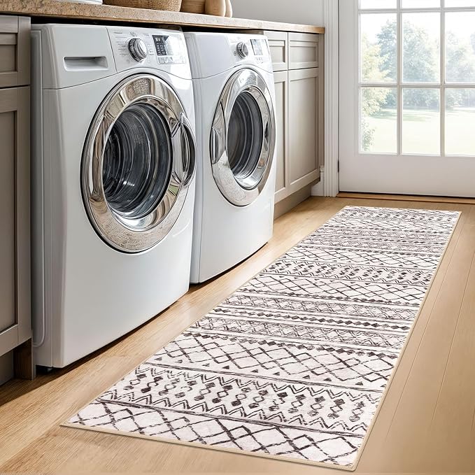 KUTA Moroccan Washable Hallway Runner Rug 2x6 Non-Slip Vintage Brown Cream Boho - Image 4