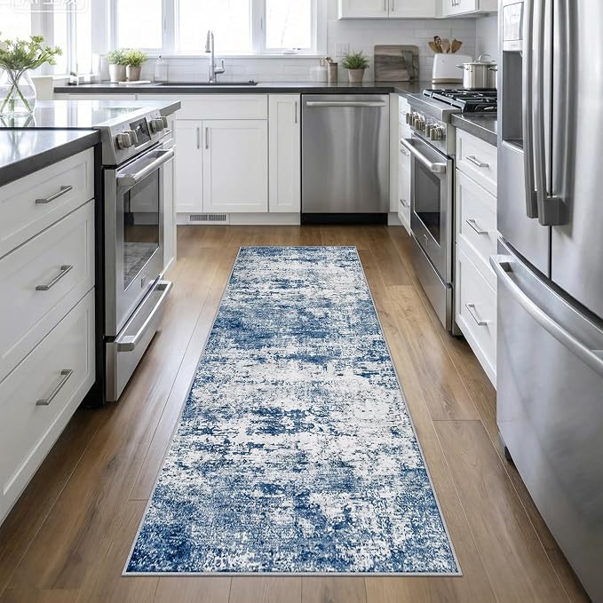 2.6'x10' Runner Rug Washable Rug: Modern Abstract Soft Thin Runner Rug Blue by FXRHLP