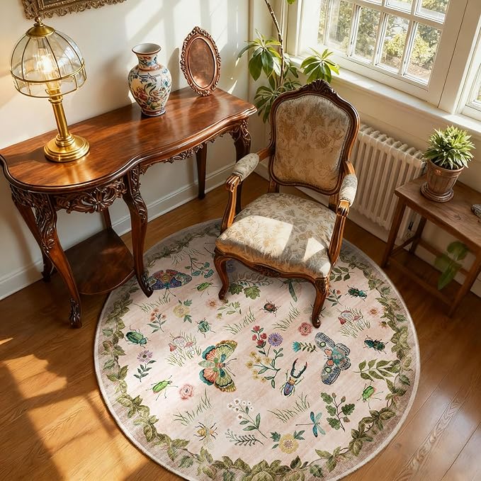 Washable Round Rugs for Bedroom 4ft: Living Room Rug Stain Resistant Non Slip - Image 2