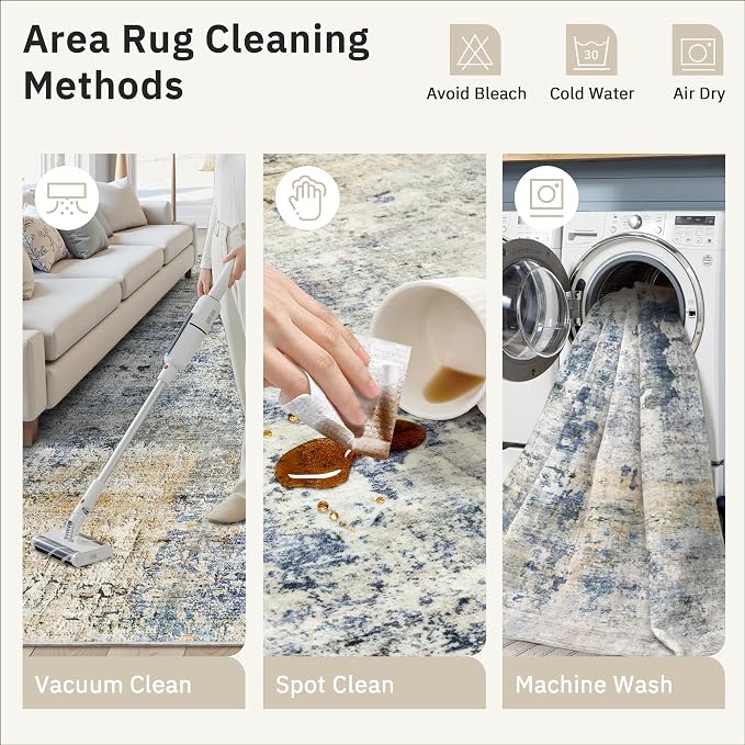 Soalmost Abstract Rug 5x7 Machine Washable Area Indoor Blue Yellow Low Pile - Image 9