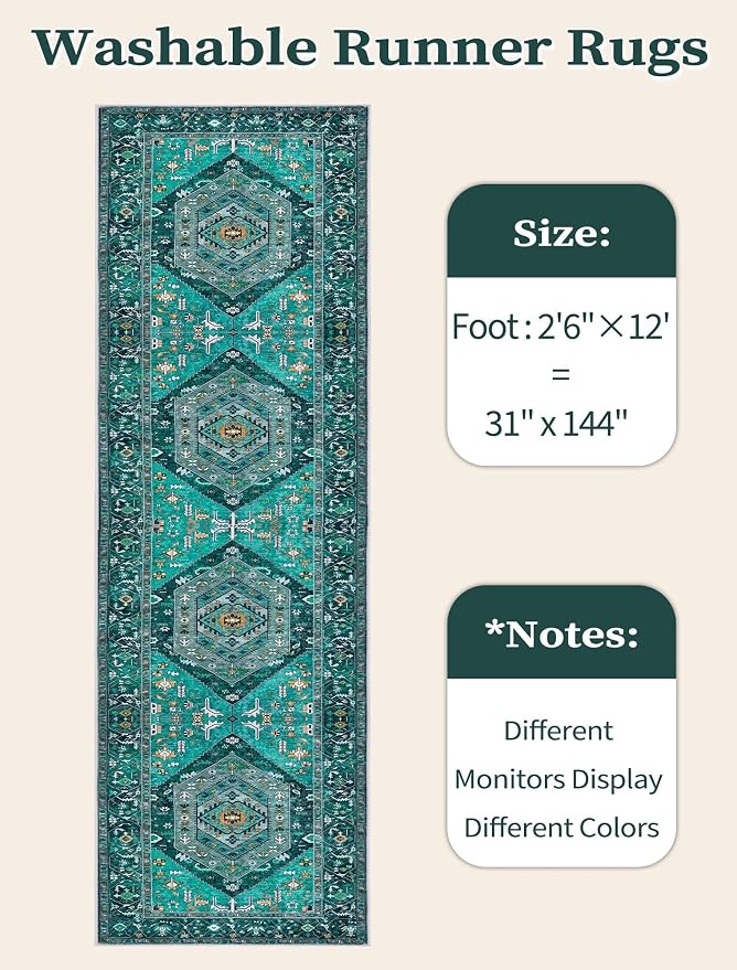SERISSA Runner Rug for Hallways, Extra Long Boho Rug Ultra Soft Vintage Teal - Image 6