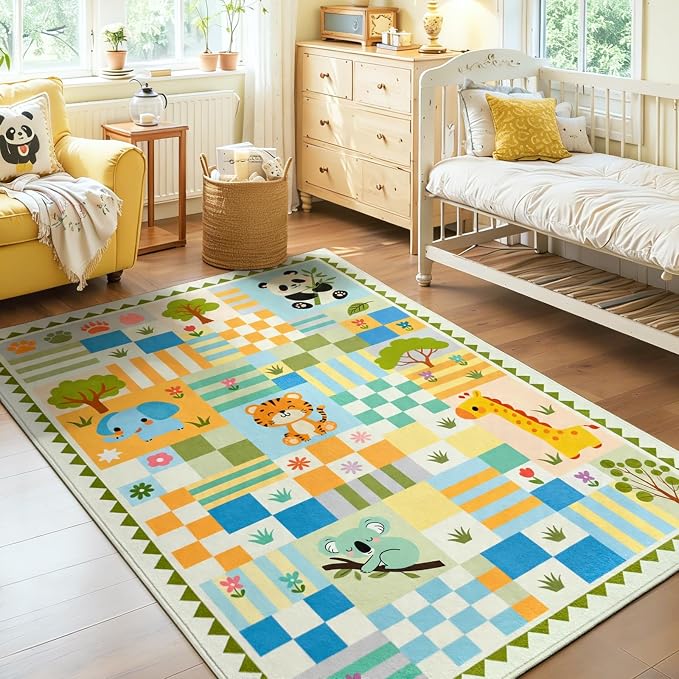 3x5 Washable Kid Playroom Rug, Unisex Green Safari Jungle Woodland Animal - Image 9
