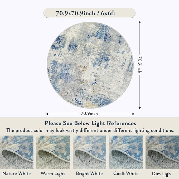 Lahome Modern Abstract Round Rug - 6Ft Large Blue Living Room Rug Washable 6x6 - Image 2