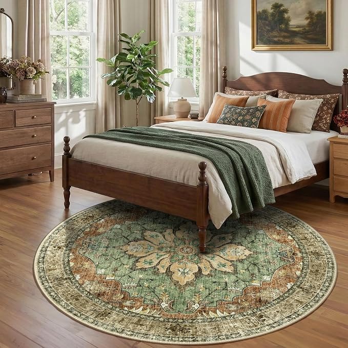 RELEANY Area Rugs Round 8ft Washable Non-Slip, Floral Vintage Distress - Image 3