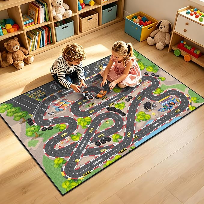 Kids Car Rug Play Mat, 8x10 ft Race Track Road Rug - Image 7