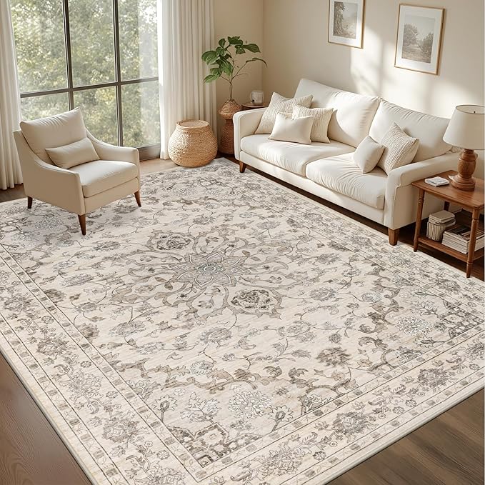 Area Rugs 9x12 Living Room Rug: Washable Rug Soft Vintage Distressed Floral - Image 3