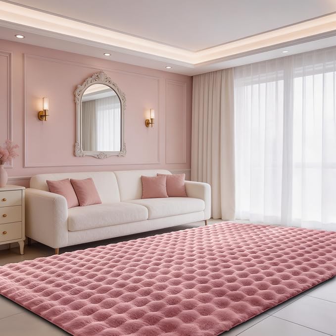 Dusty Rose Rabbit Plush Rug 5'x8', Fluffy Faux Fur Shaggy Area Rug by CHOVY