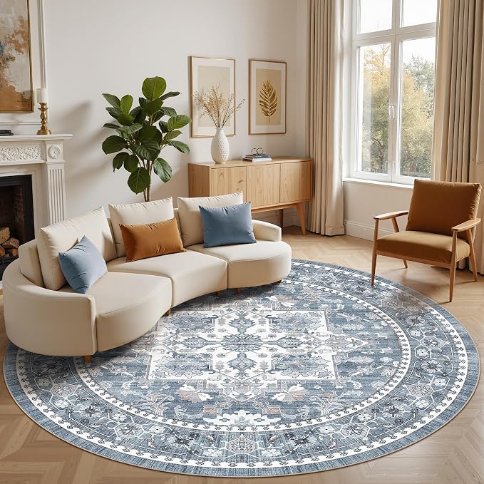 8ft Round Area Rug: Washable Vintage Neutral Soft Non Slip Thin Large Floor by MICGEEK