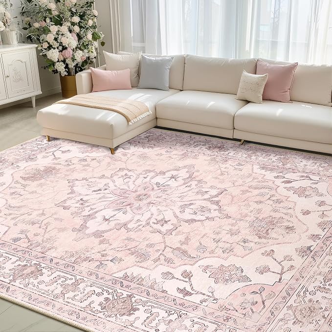 RELEANY Area Rugs 8'x10' Washable Non-Slip, Floral Vintage Distress Medallion - Image 2