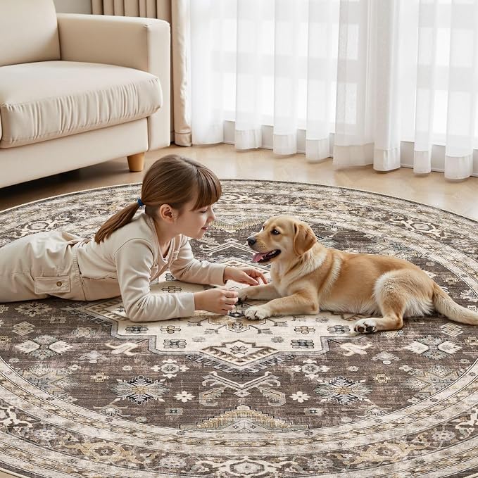8ft Round Vintage Living Room Area Rug - Image 5