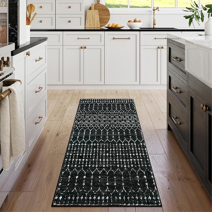 Lahome Moroccan Black Area Rug Non-Slip Low-Pile Washable Entryway Rug Kitchen - Image 2