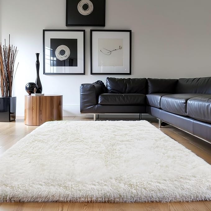 KICHOWUA Thick Area Rug 5x8 Cream White Fluffy Shag - Image 7