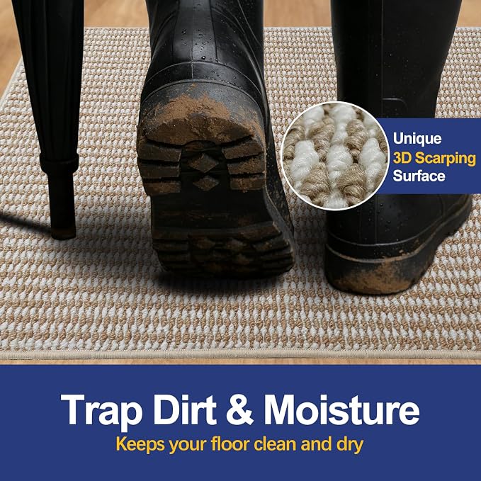 Dirt Trapping Door Mat 32x48, Taupe & White Faux Jute Entryway Rug | Low-Profile - Image 2