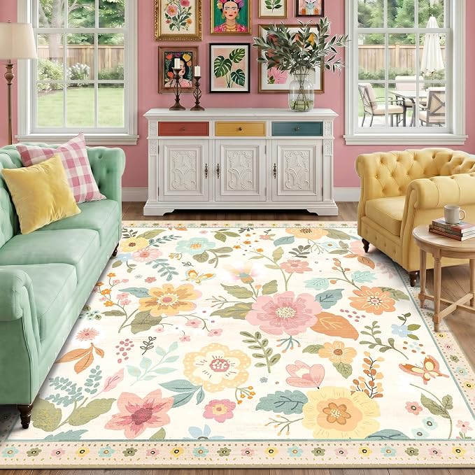 RELEANY Floral Square 8ft Area Rugs Washable Print Boho Cute Carpet Non Slip by RELEANY