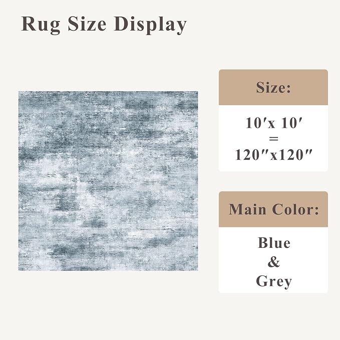 10x10 ft Square Living Room Rug – Washable Modern Abstract Area Rug - Image 2