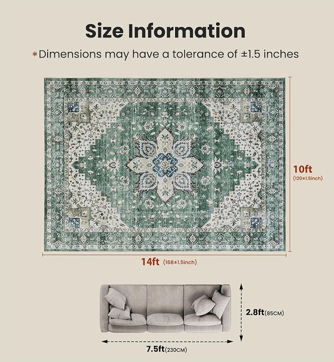 AMADA HOMEFURNISHING 10x14 Washable Area Rug, Low-Profile Large Area Rug - Image 2