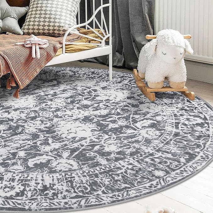 KILOCOCO Area Rug 5ft Round Living Room Rug Washable Printed Vintage Floral - Image 2