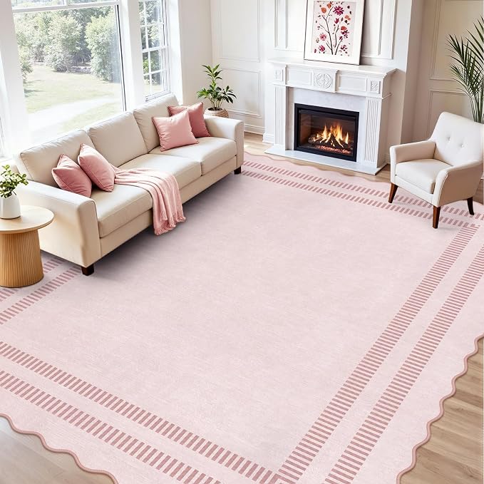 Pink Rugs for Living Room 9x12, Machine Washable Scalloped Area Rugs for by LORWER