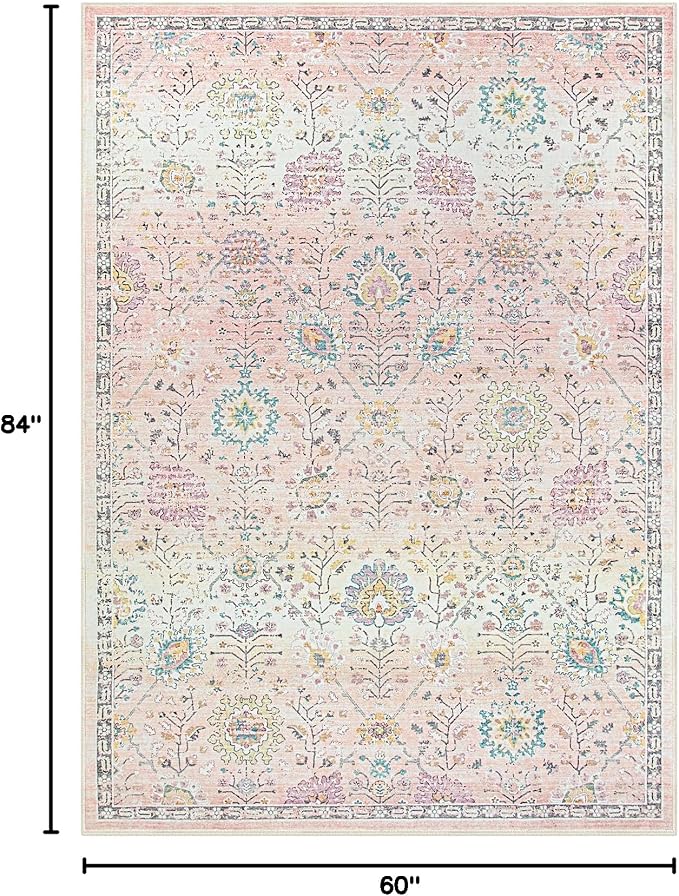 Lahome Pink Rug for Girls Bedroom 5x7, Soft Washable Floral Area Rug, Boho Non - Image 2
