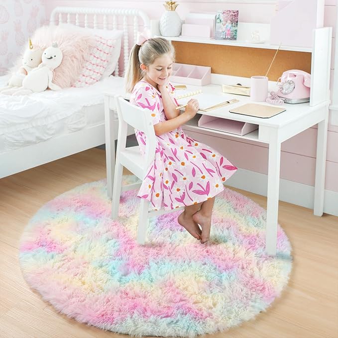 Amdrebio Rainbow Fluffy Round Rug 5Ft Kids Rugs - Image 7