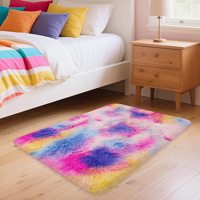 2x3 ft Small Throw Rugs Furry, Non Slip Mini Area Rug, Fluffy Tie-Dyed Rainbow - Image 3