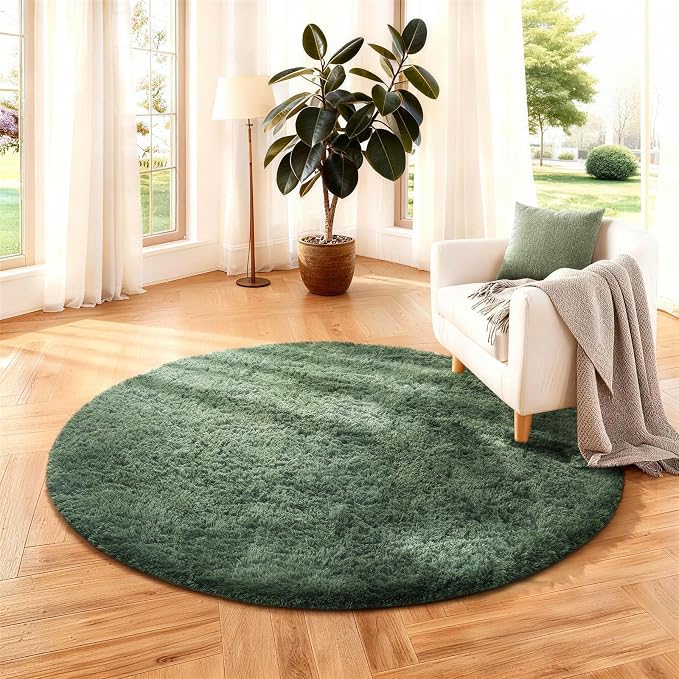 Ophanie Round Rug 4Ft Grey Green Circle Area Rug, Fluffy Fuzzy Bedroom Carpet by Ophanie