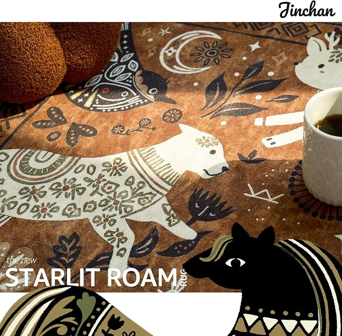 jinchan 5R Cute Round Rug Kids Washable Fun Rug Earthy Brown Starlit Boho - Image 5